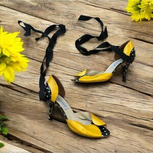 COMME IL FAIT Buenos Aires Vintage Yellow Black Laceup Heels Size 39